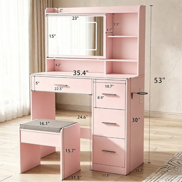 English Elm Vanity Desk Set with LED Mirror Four Drawers Power Outlets and Matching Chair for Bedroom T6223P528834