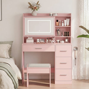 English Elm Vanity Desk Set with LED Mirror Four Drawers Power Outlets and Matching Chair for Bedroom T6223P528834