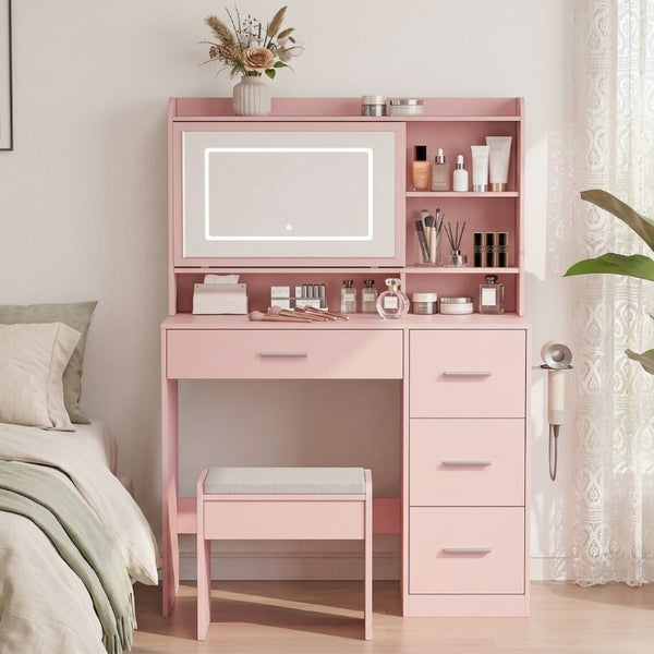 English Elm Vanity Desk Set with LED Mirror Four Drawers Power Outlets and Matching Chair for Bedroom T6223P528834