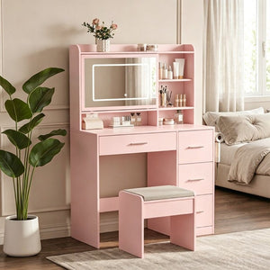 English Elm Vanity Desk Set with LED Mirror Four Drawers Power Outlets and Matching Chair for Bedroom T6223P528834
