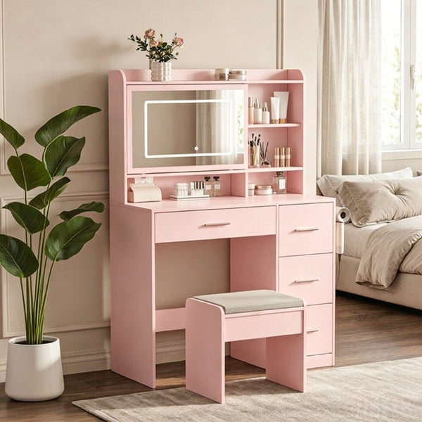 English Elm Vanity Desk Set with LED Mirror Four Drawers Power Outlets and Matching Chair for Bedroom T6223P528834