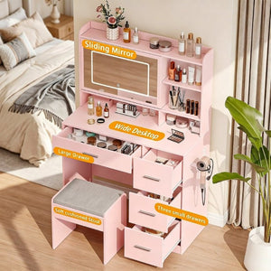 English Elm Vanity Desk Set with LED Mirror Four Drawers Power Outlets and Matching Chair for Bedroom T6223P528834