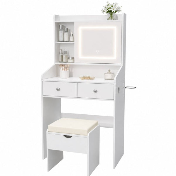 English Elm Small White Bedroom Vanity with Dimmable LED Lighting Sliding Mirror and Built-In Charging T6223P528841