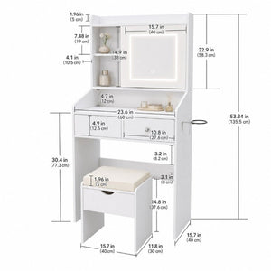English Elm Small White Bedroom Vanity with Dimmable LED Lighting Sliding Mirror and Built-In Charging T6223P528841