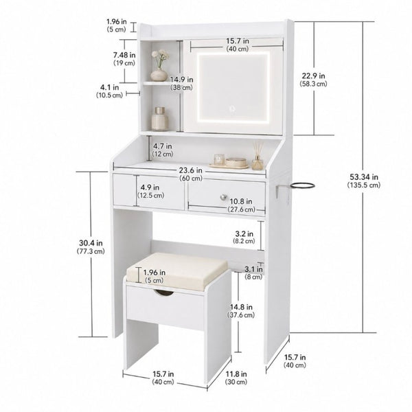 English Elm Small White Bedroom Vanity with Dimmable LED Lighting Sliding Mirror and Built-In Charging T6223P528841