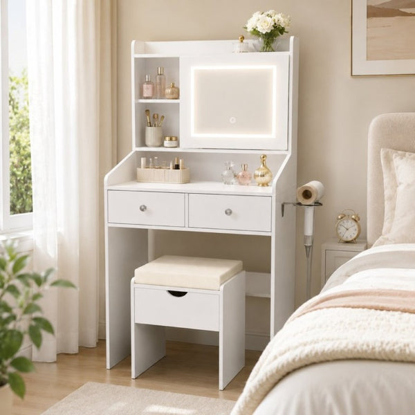 English Elm Small White Bedroom Vanity with Dimmable LED Lighting Sliding Mirror and Built-In Charging T6223P528841