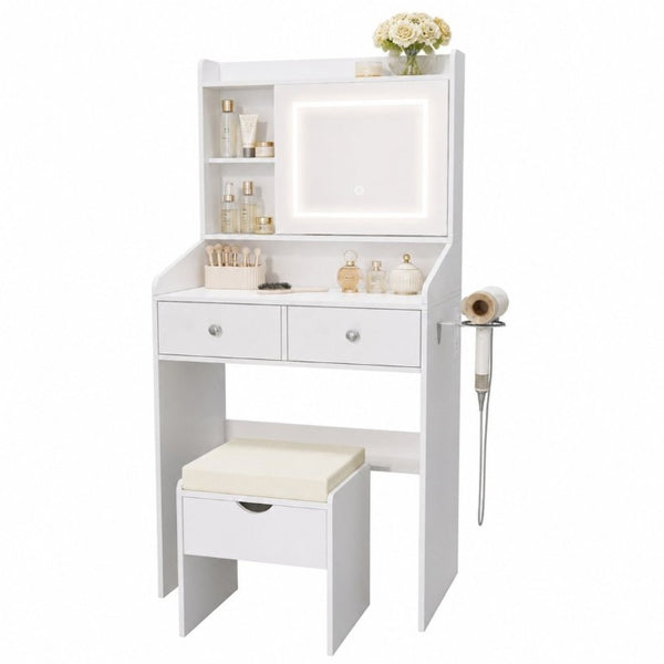 English Elm Small White Bedroom Vanity with Dimmable LED Lighting Sliding Mirror and Built-In Charging T6223P528841