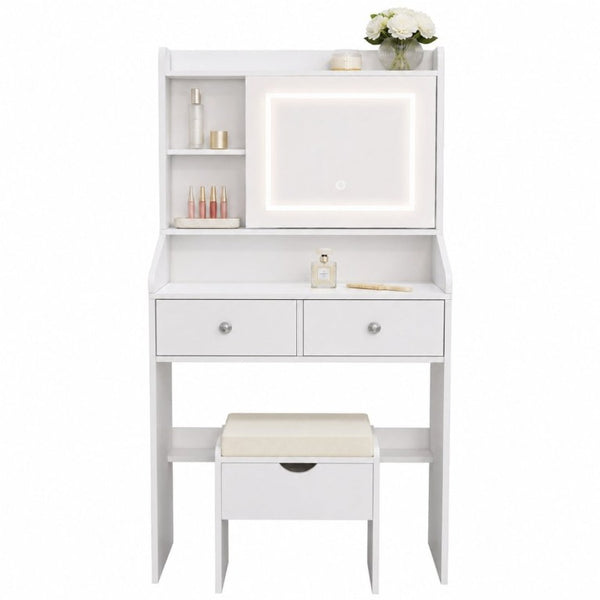 English Elm Small White Bedroom Vanity with Dimmable LED Lighting Sliding Mirror and Built-In Charging T6223P528841