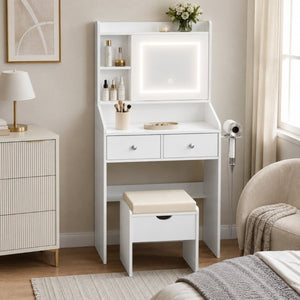 English Elm Small White Bedroom Vanity with Dimmable LED Lighting Sliding Mirror and Built-In Charging T6223P528841