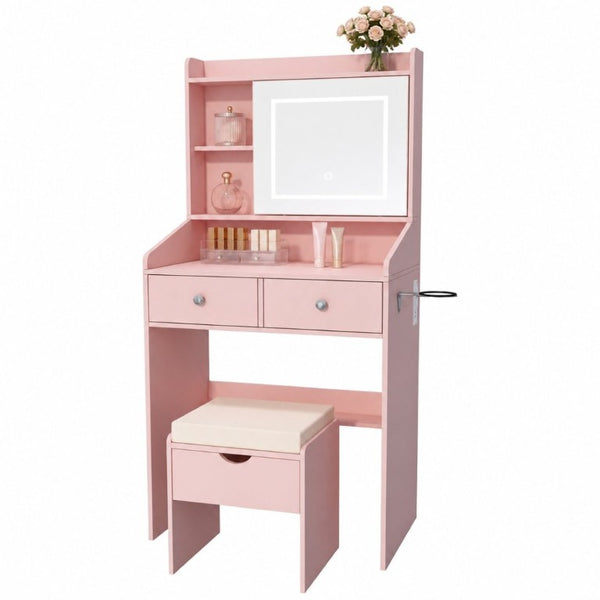 English Elm Small Matte Vanity Desk with Dimmable LED Mirror Sliding Design and 2 Drawers Dark Pink T6223P528851