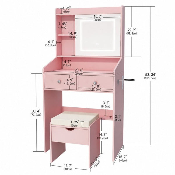 English Elm Small Matte Vanity Desk with Dimmable LED Mirror Sliding Design and 2 Drawers Dark Pink T6223P528851