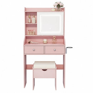 English Elm Small Matte Vanity Desk with Dimmable LED Mirror Sliding Design and 2 Drawers Dark Pink T6223P528851