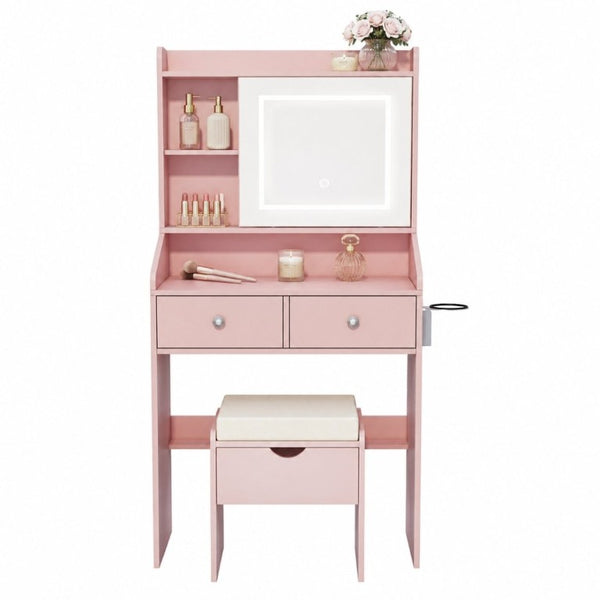 English Elm Small Matte Vanity Desk with Dimmable LED Mirror Sliding Design and 2 Drawers Dark Pink T6223P528851