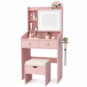 English Elm Small Matte Vanity Desk with Dimmable LED Mirror Sliding Design and 2 Drawers Dark Pink T6223P528851