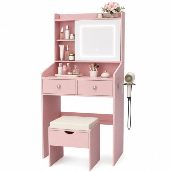 English Elm Small Matte Vanity Desk with Dimmable LED Mirror Sliding Design and 2 Drawers Dark Pink T6223P528851