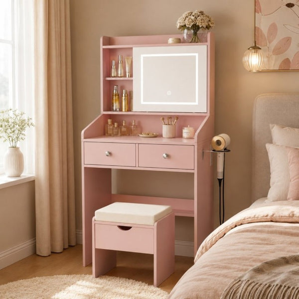 English Elm Small Matte Vanity Desk with Dimmable LED Mirror Sliding Design and 2 Drawers Dark Pink T6223P528851