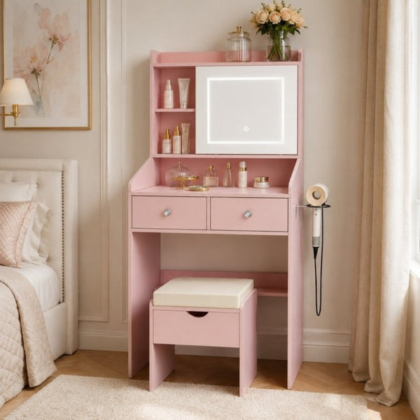 English Elm Small Matte Vanity Desk with Dimmable LED Mirror Sliding Design and 2 Drawers Dark Pink T6223P528851