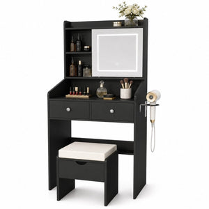 English Elm Small Matte Vanity Desk with Dimmable LED Mirror Sliding Design and 2 Drawers Black T6223P528878
