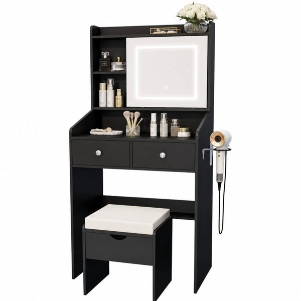 English Elm Small Matte Vanity Desk with Dimmable LED Mirror Sliding Design and 2 Drawers Black T6223P528878
