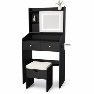 English Elm Small Matte Vanity Desk with Dimmable LED Mirror Sliding Design and 2 Drawers Black T6223P528878