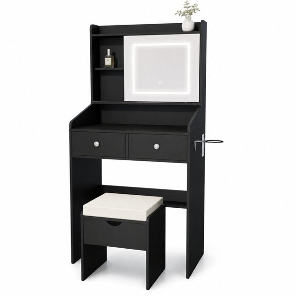 English Elm Small Matte Vanity Desk with Dimmable LED Mirror Sliding Design and 2 Drawers Black T6223P528878