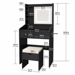 English Elm Small Matte Vanity Desk with Dimmable LED Mirror Sliding Design and 2 Drawers Black T6223P528878