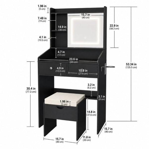 English Elm Small Matte Vanity Desk with Dimmable LED Mirror Sliding Design and 2 Drawers Black T6223P528878