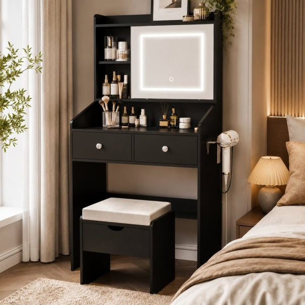 English Elm Small Matte Vanity Desk with Dimmable LED Mirror Sliding Design and 2 Drawers Black T6223P528878