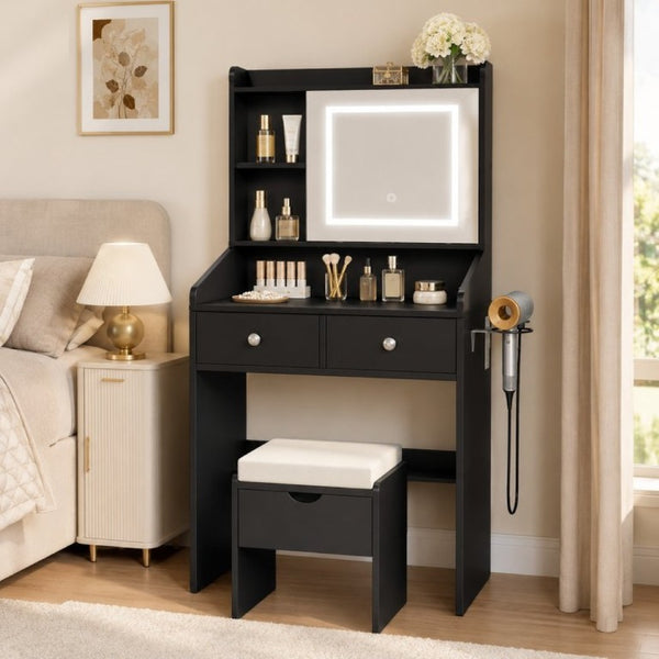 English Elm Small Matte Vanity Desk with Dimmable LED Mirror Sliding Design and 2 Drawers Black T6223P528878