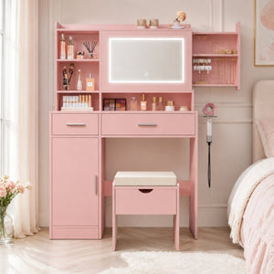 English Elm Vanity Desk with LED Mirror Dimmable Lights Stool and Storage for Bedroom Glam T6223P528892