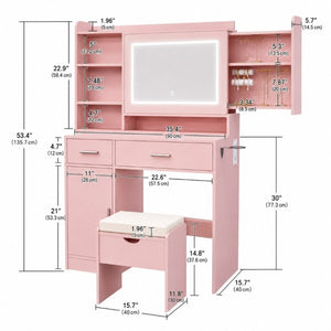 English Elm Vanity Desk with LED Mirror Dimmable Lights Stool and Storage for Bedroom Glam T6223P528892
