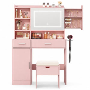English Elm Vanity Desk with LED Mirror Dimmable Lights Stool and Storage for Bedroom Glam T6223P528892