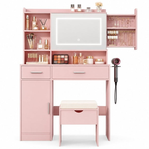 English Elm Vanity Desk with LED Mirror Dimmable Lights Stool and Storage for Bedroom Glam T6223P528892