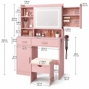 English Elm Vanity Desk with LED Mirror Dimmable Lights Stool and Storage for Bedroom Glam T6223P528892