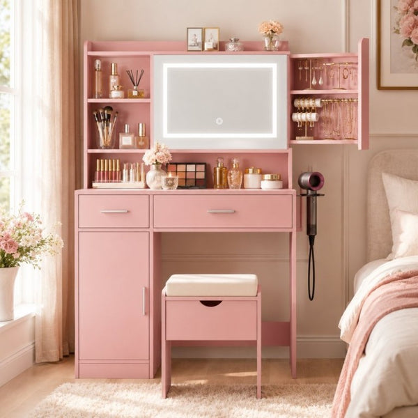 English Elm Vanity Desk with LED Mirror Dimmable Lights Stool and Storage for Bedroom Glam T6223P528892