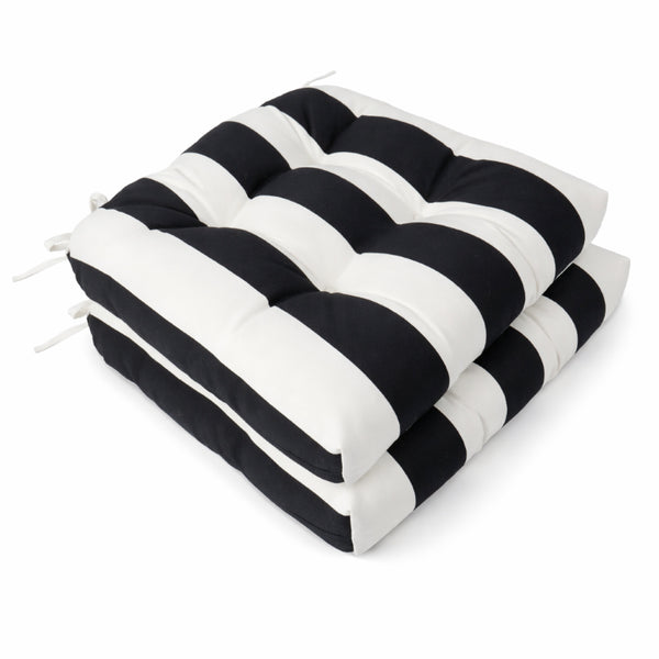 English Elm Outdoor Tufted Seat Cushions Botanical Floral Polyester Patio Dining Chair Pads with Ties White+Black (Striped) Set of 4 T6231P529745