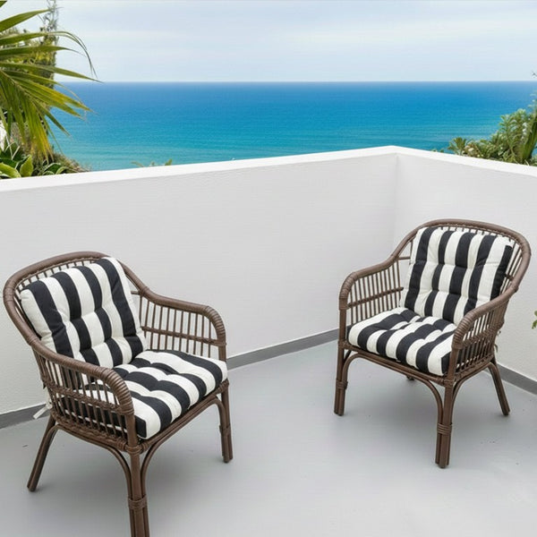 English Elm Outdoor Tufted Seat Cushions Botanical Floral Polyester Patio Dining Chair Pads with Ties White+Black (Striped) Set of 4 T6231P529745