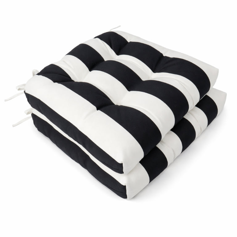 English Elm Outdoor Tufted Seat Cushions Botanical Floral Polyester Patio Dining Chair Pads with Ties White+Black (Striped) Set of 8 T6231P529746