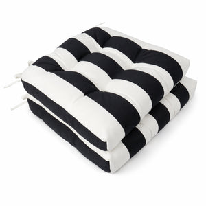 English Elm Outdoor Tufted Seat Cushions Botanical Floral Polyester Patio Dining Chair Pads with Ties White+Black (Striped) Set of 8 T6231P529746