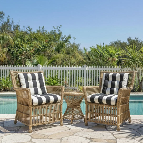 English Elm Outdoor Tufted Seat Cushions Botanical Floral Polyester Patio Dining Chair Pads with Ties White+Black (Striped) Set of 8 T6231P529746