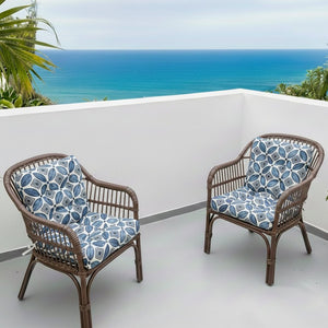 English Elm Outdoor Tufted Seat Cushions Botanical Floral Polyester Patio Dining Chair Pads with Ties Blue Set of 4 T6231P529748