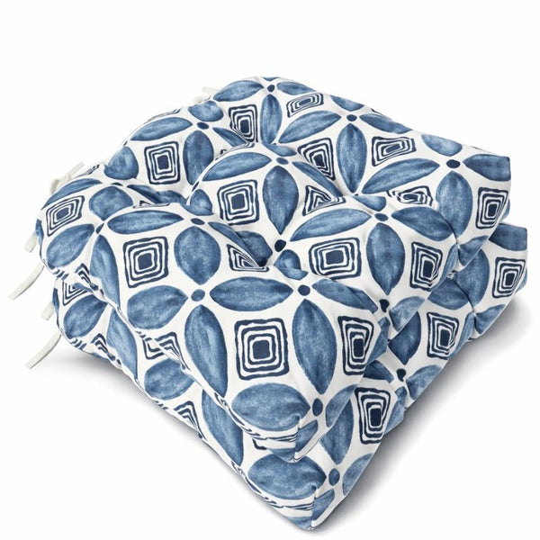English Elm Outdoor Tufted Seat Cushions Botanical Floral Polyester Patio Dining Chair Pads with Ties Blue Set of 8 T6231P529751