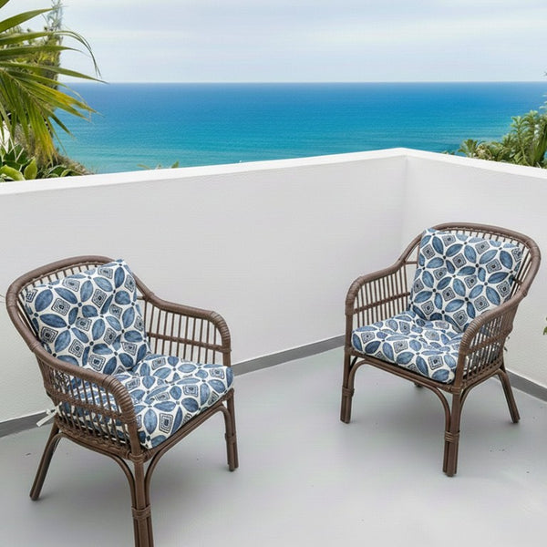 English Elm Outdoor Tufted Seat Cushions Botanical Floral Polyester Patio Dining Chair Pads with Ties Blue Set of 8 T6231P529751
