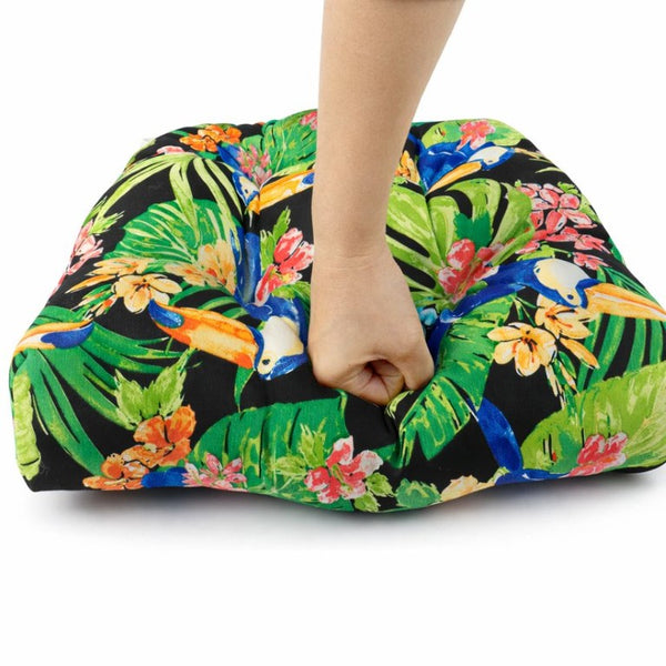 English Elm Outdoor Tufted Seat Cushions Botanical Floral Polyester Patio Dining Chair Pads with Ties Green Set of 4 T6231P529754