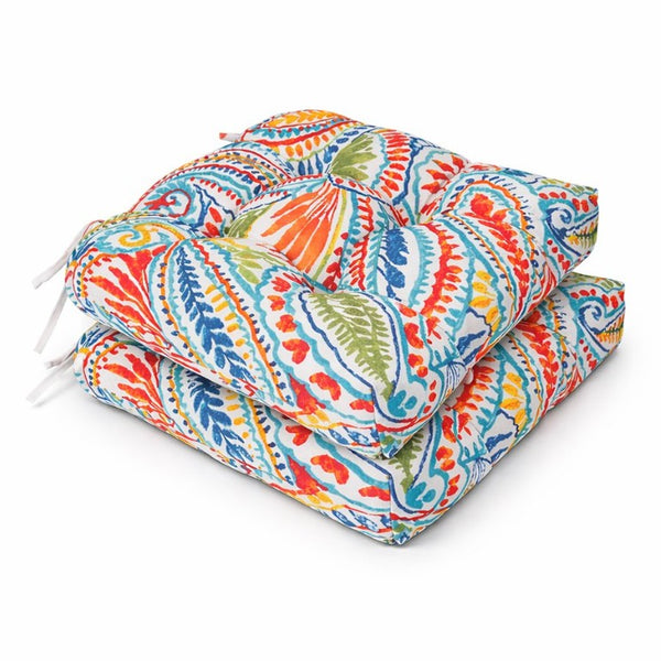 English Elm Outdoor Tufted Seat Cushions Botanical Floral Polyester Patio Dining Chair Pads with Ties Red (Paisley Multi) Set of 4 T6231P529756