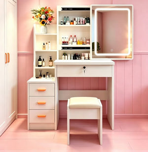 English Elm Modern-Style White Vanity with LED Mirror Cushioned Stool and Tiered Bedroom Storage T6305P537145