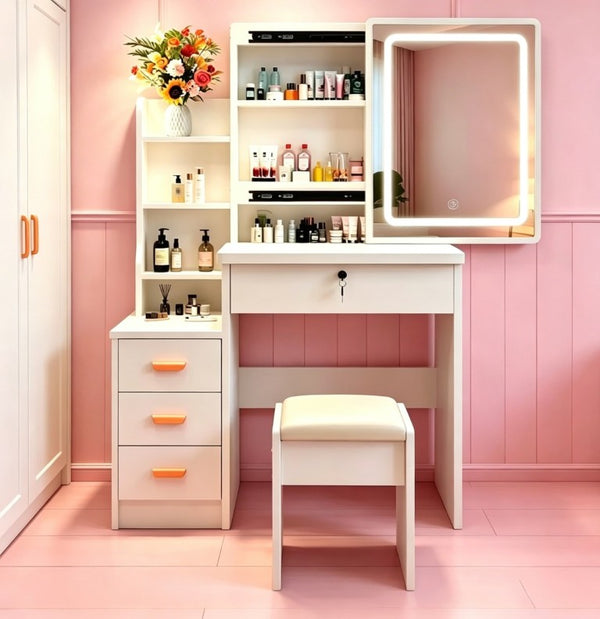 English Elm Modern-Style White Vanity with LED Mirror Cushioned Stool and Tiered Bedroom Storage T6305P537145