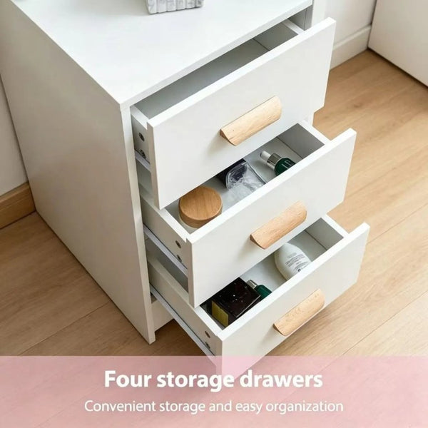English Elm Modern-Style White Vanity with LED Mirror Cushioned Stool and Tiered Bedroom Storage T6305P537145