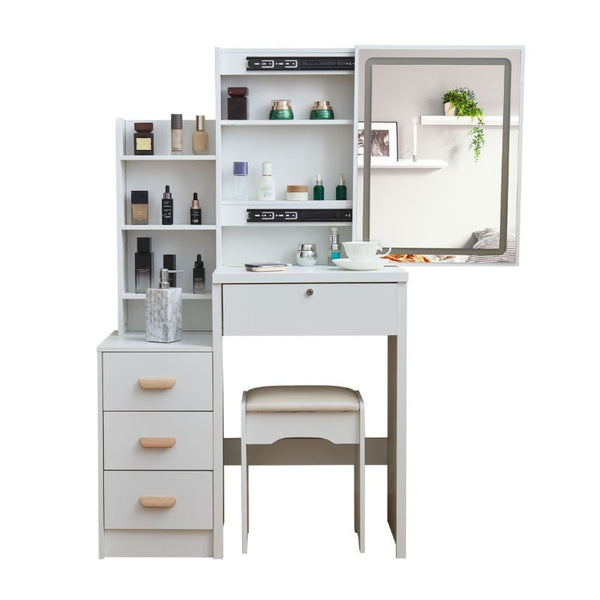 English Elm Modern-Style White Vanity with LED Mirror Cushioned Stool and Tiered Bedroom Storage T6305P537145