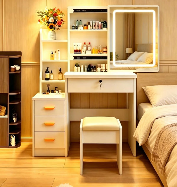 English Elm Modern-Style White Vanity with LED Mirror Cushioned Stool and Tiered Bedroom Storage T6305P537145